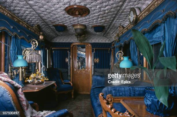 The furnished interior of Queen Victoria's saloon carriage on board the royal train on display at York railway museum, Yorkshire, September 1977.