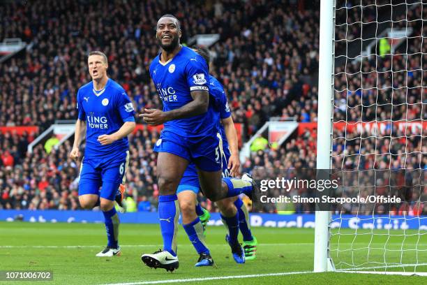 1st May 2016 - Barclays Premier League - Manchester United v Leicester City - Wes Morgan of Leicester celebrates after scoring their 1st goal - .