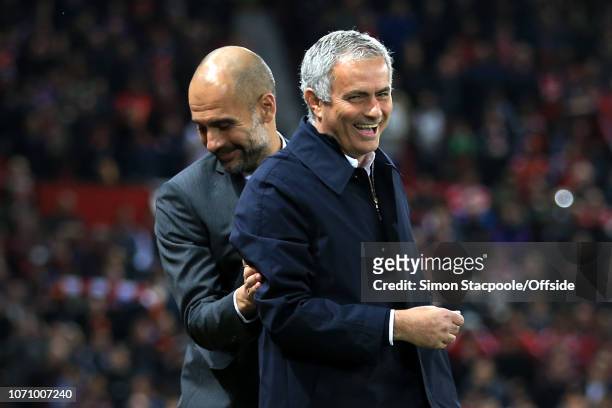 26th October 2016 - EFL Cup - Manchester United v Manchester City - Man City manager Pep Guardiola greets Man Utd manager Jose Mourinho before the...