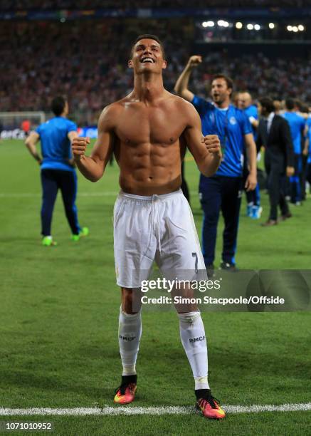 28th May 2016 - UEFA Champions League Final - Real Madrid v Atletico Madrid - A bare-chested Cristiano Ronaldo of Real celebrates victory - .