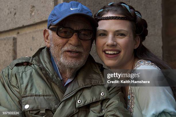 Italian film producer Dino De Laurentiis with actress Kate Groombridge on the set of the film 'Virgin Territory' in Italy, 2007.