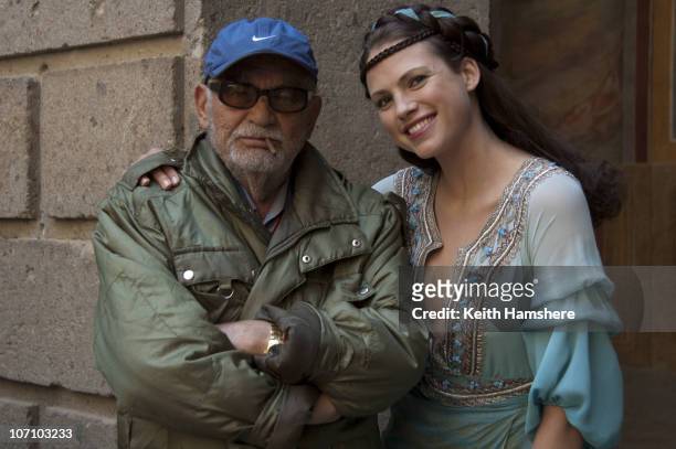 Italian film producer Dino De Laurentiis with actress Kate Groombridge on the set of the film 'Virgin Territory' in Italy, 2007.