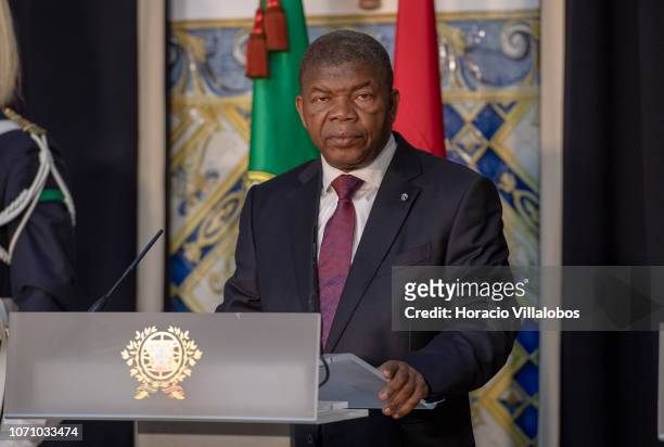 The President of Angola João Lourenço delivers remarks during the press conference he gave with Portuguese President Marcelo Rebelo de Sousa at the...