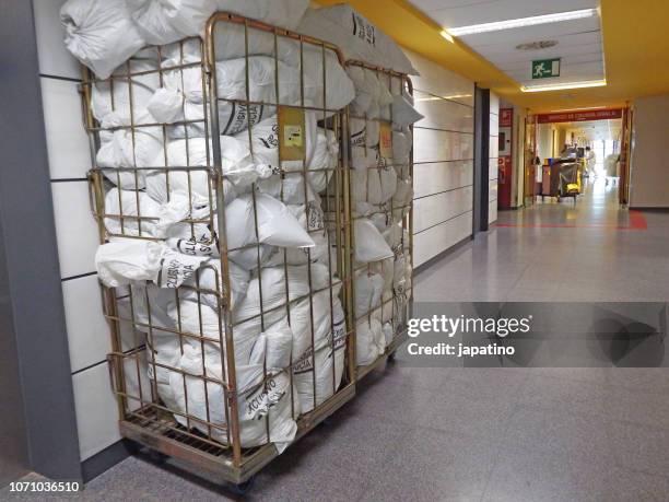 container with garbage bag in a hospital - trash bag dress stock pictures, royalty-free photos & images