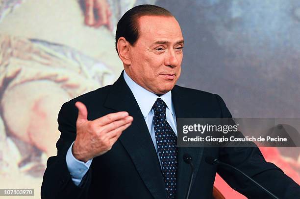 Italian Prime Minister Silvio Berlusconi speaks during a press conference to present new government measures for the youngsters, called 'Right To The...