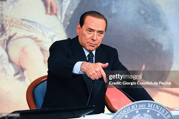 Italian Prime Minister Silvio Berlusconi speaks during a press conference to present new government measures for the youngsters, called 'Right To The...