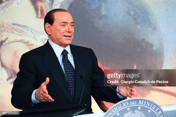 Italian Prime Minister Silvio Berlusconi speaks during a press conference to present new government measures for the youngsters, called 'Right To The...