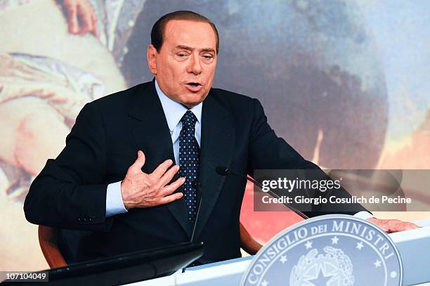 Italian Prime Minister Silvio Berlusconi speaks during a press conference to present new government measures for the youngsters, called 'Right To The...