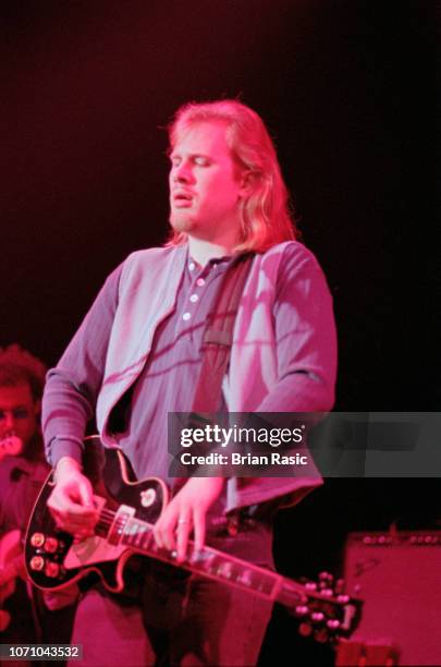 Canadian guitarist and musician Jeff Healey performs live on stage at Shepherd's Bush Empire in London in April 1995.