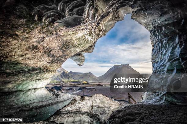 idyllic ice cave in kotlujokull glacier - myrdalsjokull glacier stock pictures, royalty-free photos & images