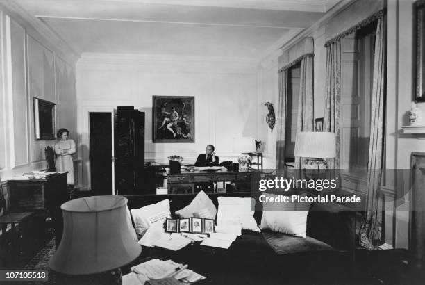 American industrialist J. Paul Getty in the office of Sutton Place, his Tudor manor house in Surrey, circa 1959.