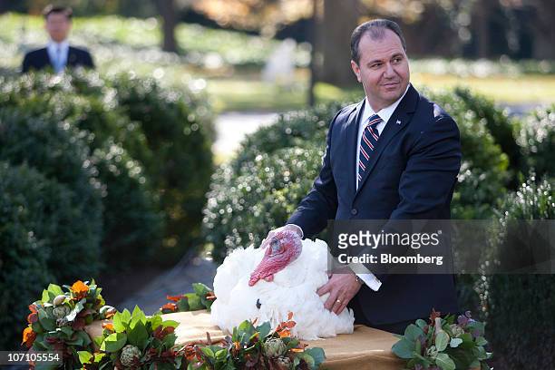 Yubert Envia, president of the National Turkey Federation, holds onto Apple, the National Thanksgiving Turkey, while Apple is pardoned by U.S....