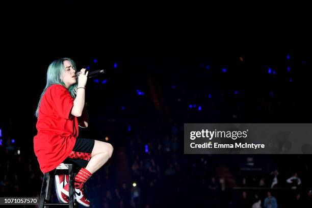 Billie Eilish performs on stage during KROQ Absolut Almost Acoustic Christmas at The Forum on December 9, 2018 in Inglewood, California.