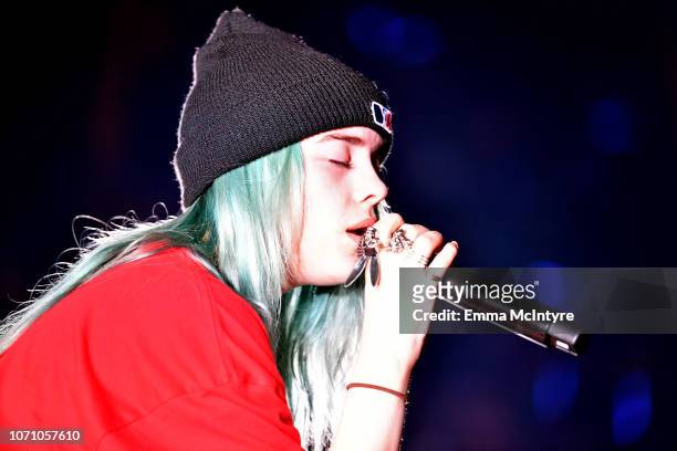 Billie Eilish performs on stage during KROQ Absolut Almost Acoustic Christmas at The Forum on December 9, 2018 in Inglewood, California.