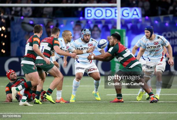 Simon Zebo, Ole Avei of Racing 92, Manu Tuilagi of Leicester Tigers, Wenceslas Lauret of Racing 92 during the Champions Cup match between Racing 92...