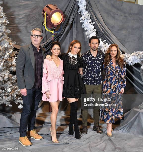 Peter Segal, Vanessa Hudgens, Jennifer Lopez, Milo Ventimiglia, and Leah Remini poses at the Photo Call For STX Films' "Second Act" at Four Seasons...
