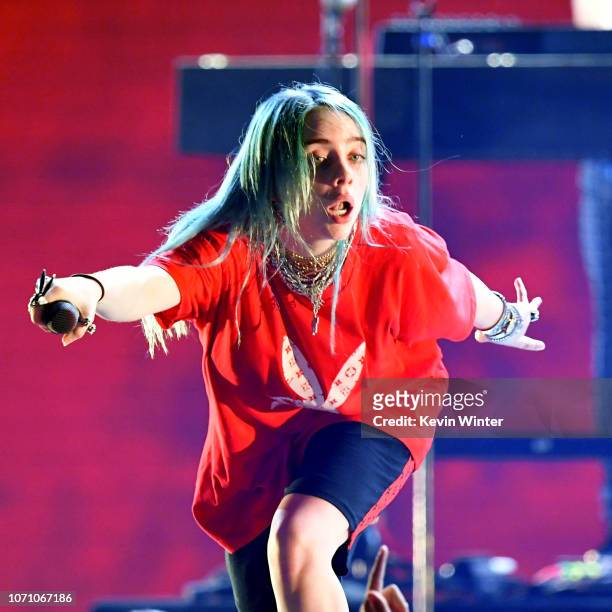 Billie Eilish performs on stage during KROQ Absolut Almost Acoustic Christmas at The Forum on December 9, 2018 in Inglewood, California.