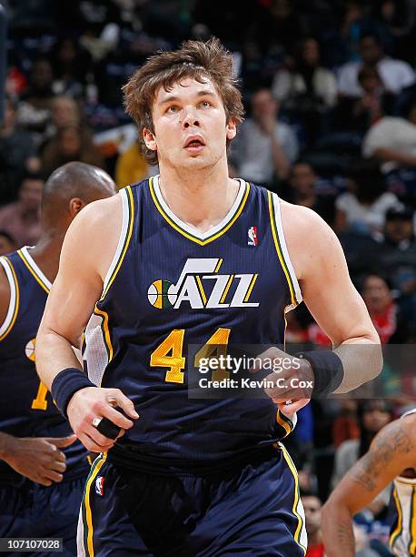 Kyrylo Fesenko of the Utah Jazz against the Atlanta Hawks at Philips Arena on November 12, 2010 in Atlanta, Georgia. NOTE TO USER: User expressly...