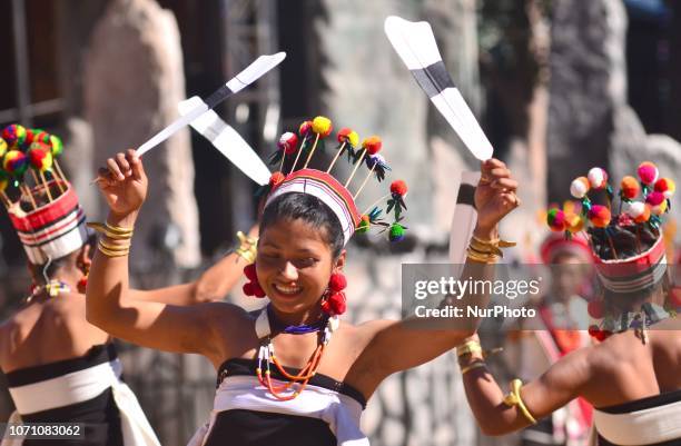 Naga tribesman from Zeliang tribe performs on the last day of the Hornbill festival at the Naga Heritage Village Kisama, some 10 kms away from...