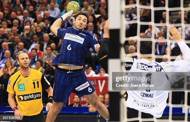 Blazenko Lackovic of Hamburg scores during the Toyota Handball Bundesliga match between HSV Hamburg and Rhein Neckar Loewen at the o2 World Arena on...