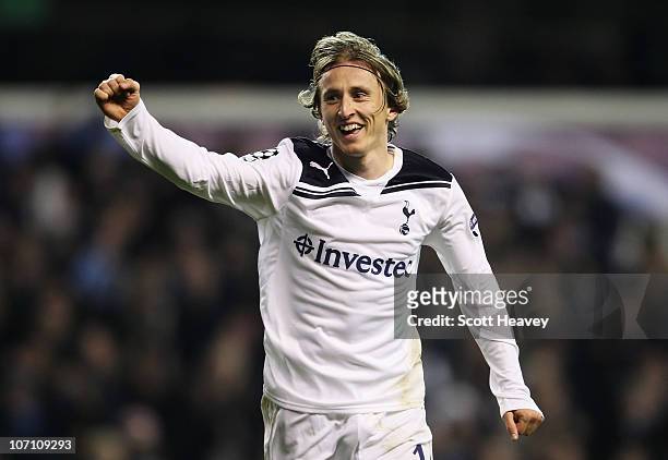 Luka Modric of Tottenham Hotspur celebrates scoring Tottenham's second goal during the UEFA Champions League Group A match between Tottenham Hotspur...
