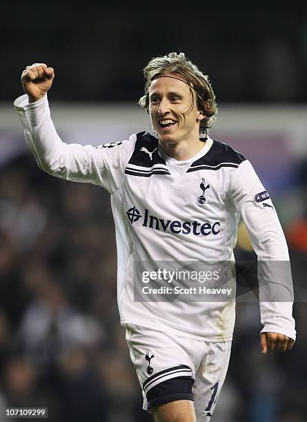 Luka Modric of Tottenham Hotspur celebrates scoring Tottenham's second goal during the UEFA Champions League Group A match between Tottenham Hotspur...