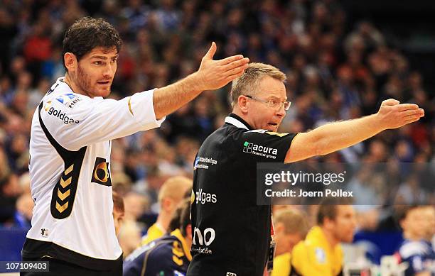 Head coach Gudmundur Gudmundsson of Rhein-Neckar gestures during the Toyota Handball Bundesliga match between HSV Hamburg and Rhein Neckar Loewen at...