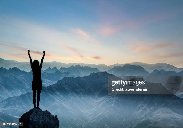 silueta de mujer al atardecer en la colina - ideas brillantes fotografías e imágenes de stock