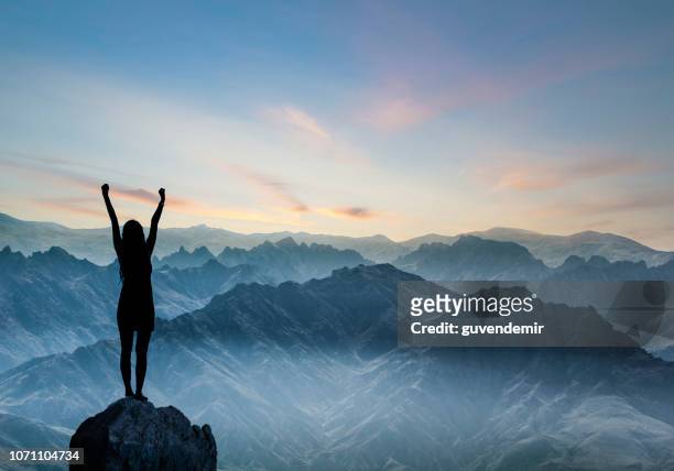 silhouet van de vrouw bij zonsondergang op heuvel - motivatie stockfoto's en -beelden