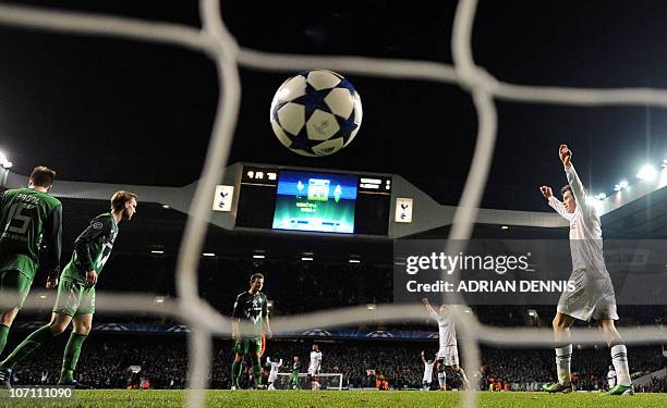 Tottenham Hotspurs' Gareth Bale celebrates as the ball bounces into the net after Peter Crouch scored the third goal against Werder Bremen during the...