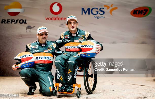 Isidre Esteve and Txema Villalobos attend a press conference presenting the Dakar 2019 Repsol Rally Team on December 10, 2018 in Madrid, Spain.