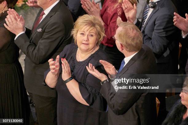 Erna Solberg attends the Nobel Peace Prize ceremony 2018 at Oslo City Town Hall on December 10, 2018 in Oslo, Norway. The Congolese gynaecologist,...