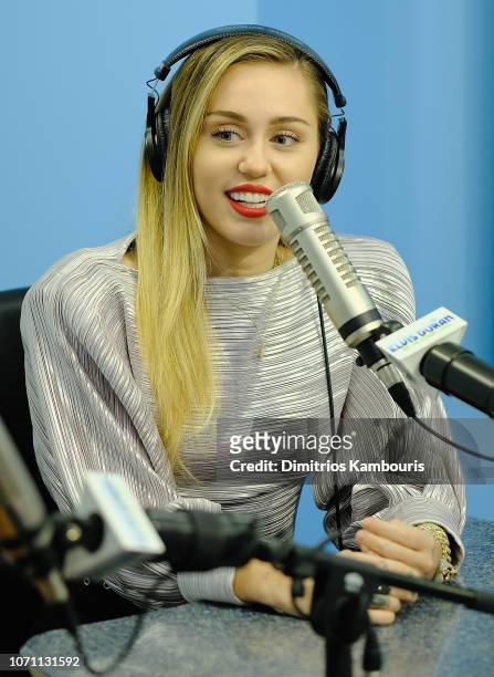 Miley Cyrus visits "The Elvis Duran Z100 Morning Show" at Z100 Studio on December 10, 2018 in New York City.