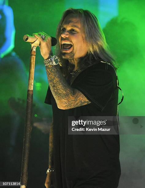 Vince Neil of Motley Crue performs at "The Late Show with David Letterman" to promote their new album "Saints of Los Angeles" and to kick off their...