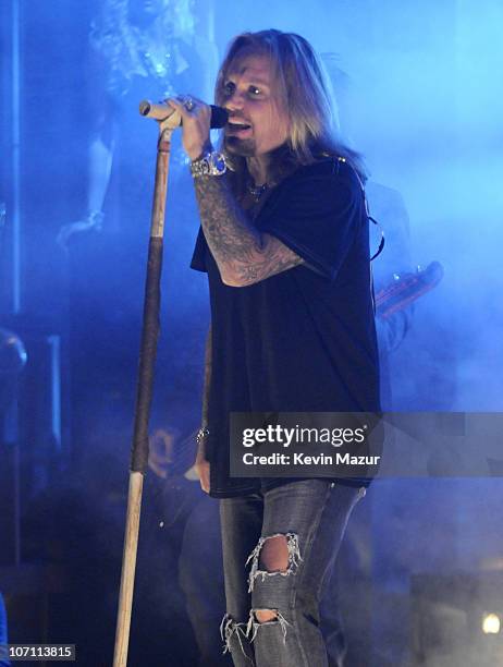 Vince Neil of Motley Crue performs at "The Late Show with David Letterman" to promote their new album "Saints of Los Angeles" and to kick off their...