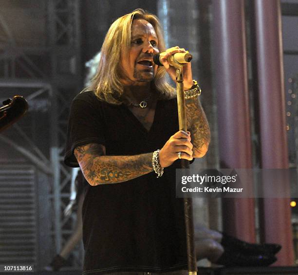Vince Neil of Motley Crue performs at "The Late Show with David Letterman" to promote their new album "Saints of Los Angeles" and to kick off their...
