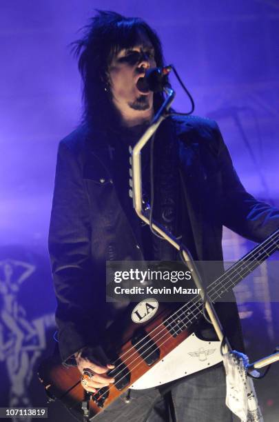 Nikki Sixx of Motley Crue performs at "The Late Show with David Letterman" to promote their new album "Saints of Los Angeles" and to kick off their...