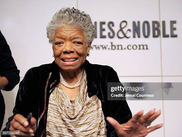 Poet and Author Dr. Maya Angelou addresses audience members during a book signing for her book, "Maya Angelou: Letter to My Daughter" at Barnes &...