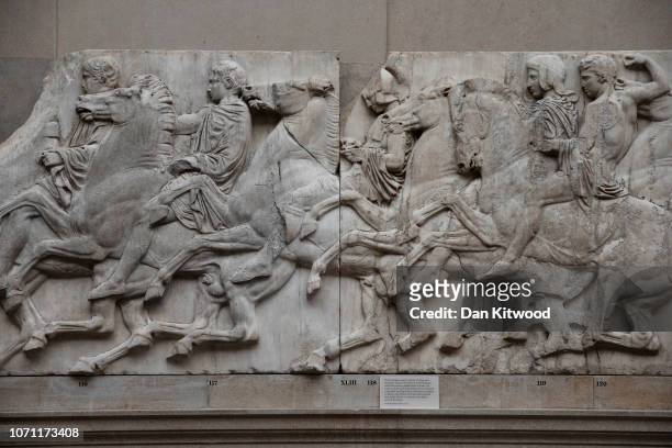Sections of the Parthenon Marbles also known as the Elgin Marbles are displayed at The British Museum on November 22, 2018 in London, England.