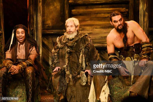 Jason Momoa" Episode 1754 -- Pictured: Kenan Thompson as Zerbo, Beck Bennett as Hodor, and host Jason Momoa as Khal Drogo during the "Khal Drogo's...