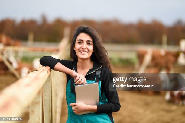 joven granjero de sexo femenino con una tableta digital - hereford cattle fotografías e imágenes de stock