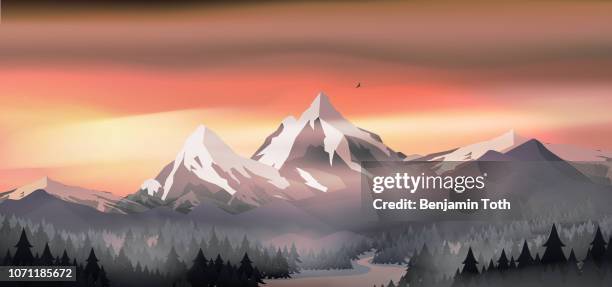 mountains landscape sunset with pine forest near a lake - forest morning light stock illustrations