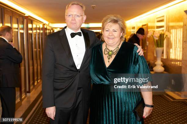 Sindre Finnes and Erna Solberg arrive at the Nobel Peace prize banquet dinner honoring the Nobel Laureates at Grand Hotel on December 10, 2018 in...
