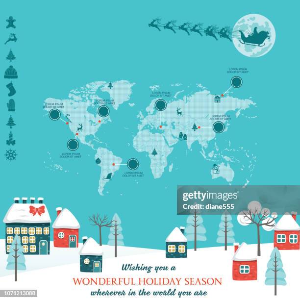weihnachtskarte mit world map infografik - map monde vector stock-grafiken, -clipart, -cartoons und -symbole