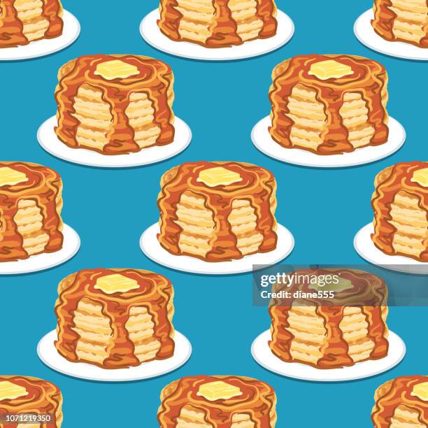 pancakes and syrup seamless pattern - maple syrup stock illustrations
