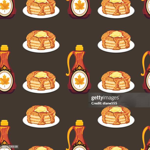 pancakes and syrup seamless pattern - maple syrup bottle stock illustrations