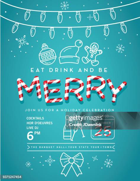 holiday christmas party invitation design template with line art icons - invite stock illustrations