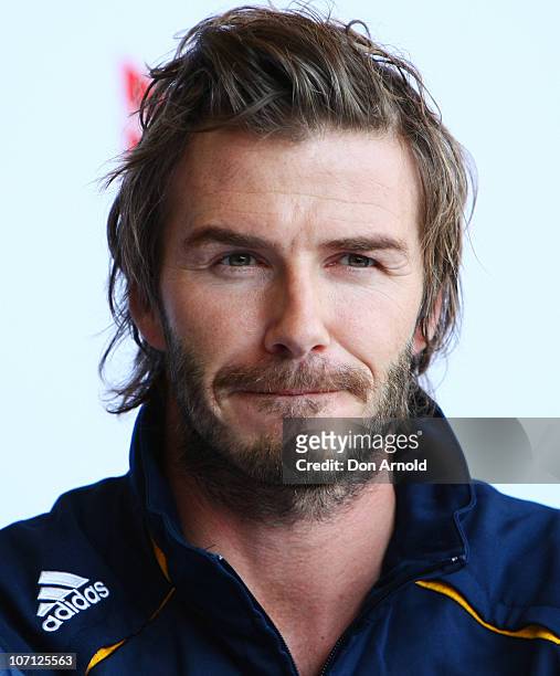David Beckham answers questions from the media during a press conference upon arrival at Sydney International Airport on November 25, 2010 in Sydney,...
