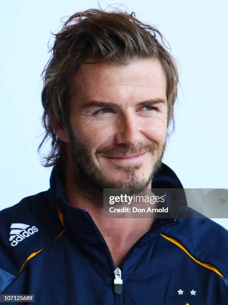 David Beckham answers questions from the media during a press conference upon arrival at Sydney International Airport on November 25, 2010 in Sydney,...