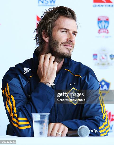 David Beckham answers questions from the media during a press conference upon arrival at Sydney International Airport on November 25, 2010 in Sydney,...